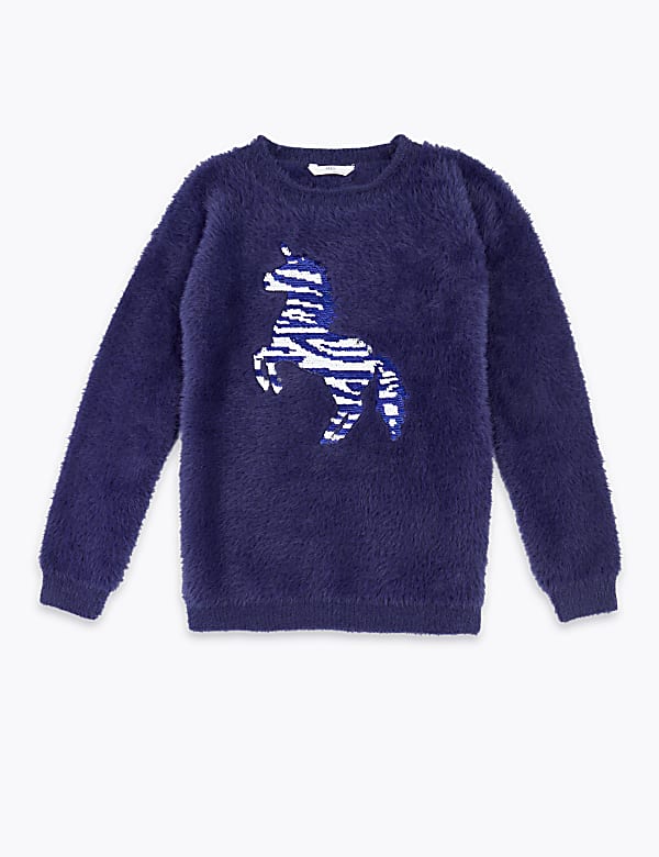 Reversible Sequin Unicorn Knitted Jumper 6 16 Yrs NAVY Jumpers M S IL