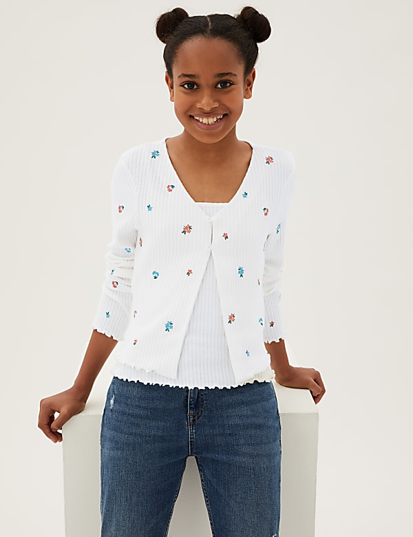 2pc Flower Embroidered Cardigan Set (6-16 Yrs)