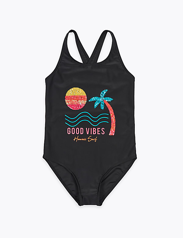Good Vibes Slogan Sequin Swimsuit (6-16 Yrs)