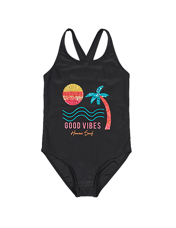 Good Vibes Slogan Sequin Swimsuit (6-16 Yrs)
