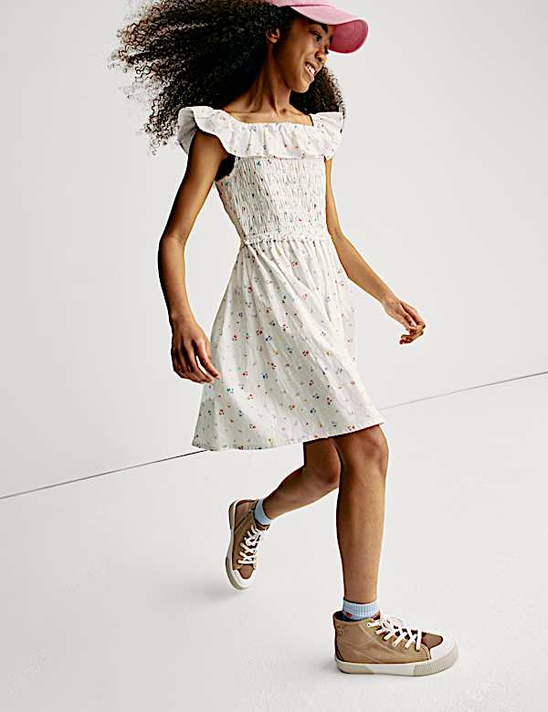 Pure Cotton Shirred Floral Print Dress (6-16 Yrs)