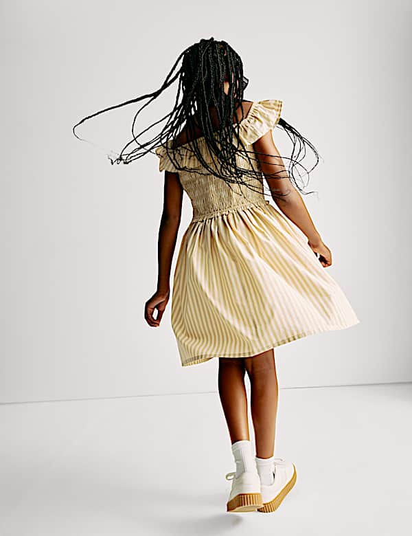 Poplin Stripe Shirred Dress