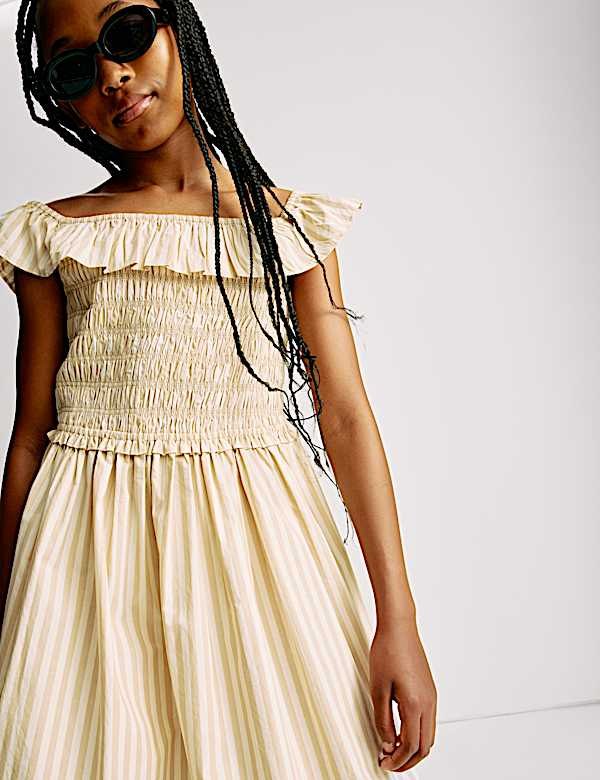 Poplin Stripe Shirred Dress