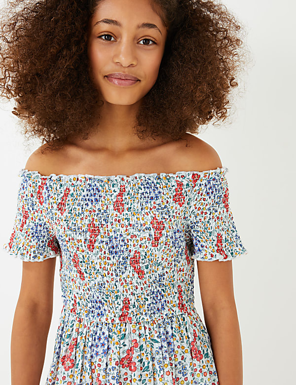 Pure Cotton Floral Shirred Bardot Dress (6-16 Yrs)
