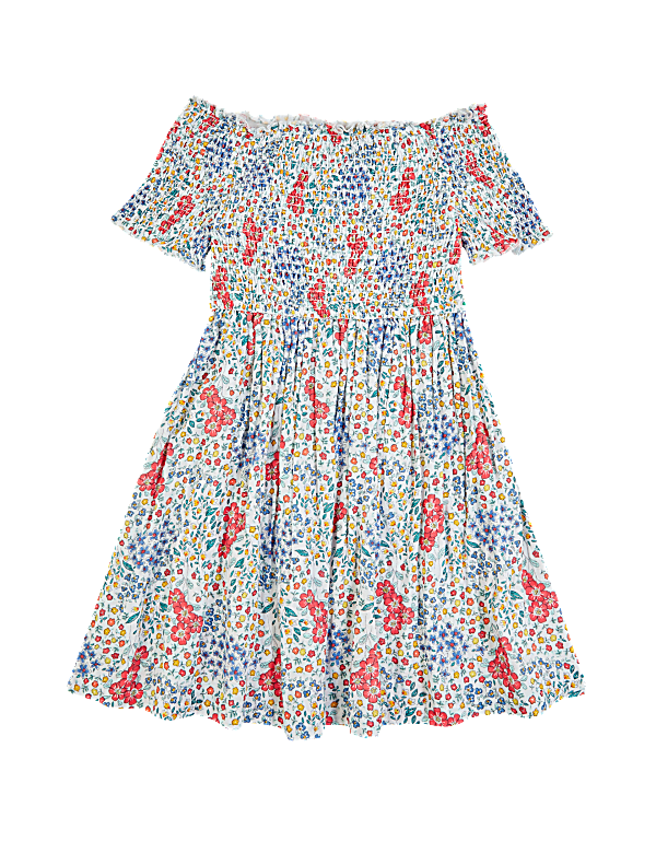 Pure Cotton Floral Shirred Bardot Dress (6-16 Yrs)
