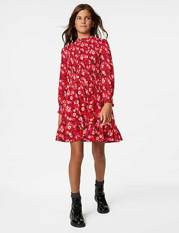 Gesmoktes, gemustertes Samtkleid (6–16 J.) - AT