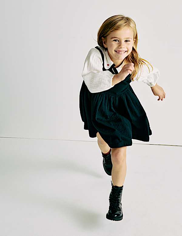 2pc Pure Cotton Collared Pinafore Dress Outfit (2-10 Yrs) - LT