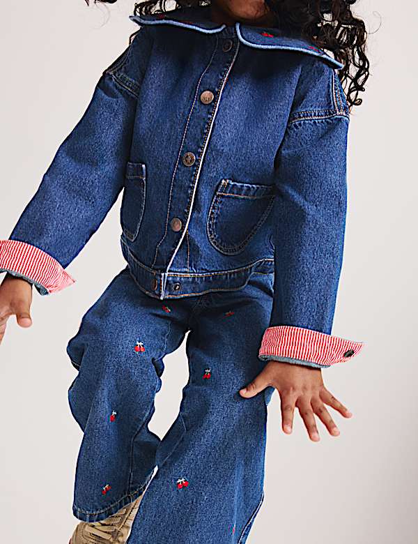 חולצת ז'קט ג'ינס עם צווארון ורקמת דובדבנים (2-&rlm;10 שנים) - IL