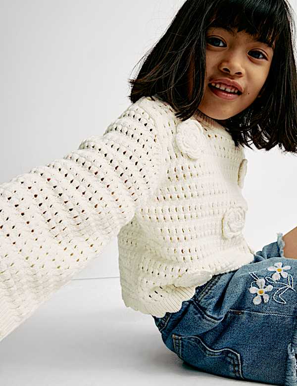 Strickpullover aus reiner Baumwolle mit Blumenmuster (2–8 J.) - AT