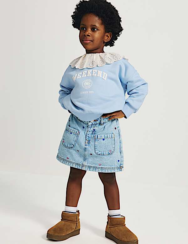 Cotton Rich Broderie Collar Sweatshirt (2-8 Yrs)