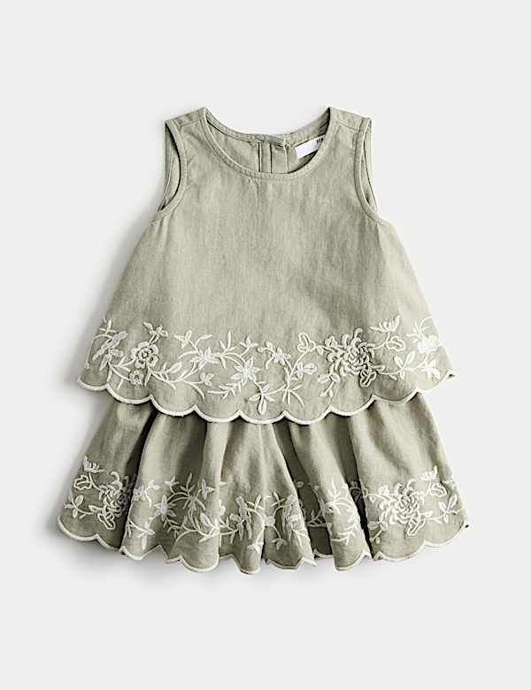 Linen Blend Embroidered Outfit (2-10 Yrs)