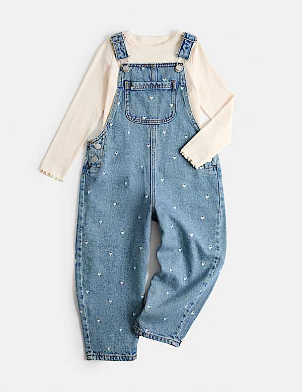 2 Piece Heart Embroidered Dungarees Outfit (2-8 Yrs) - CH