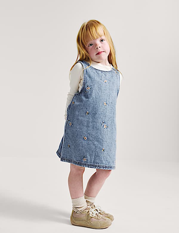 Denim Floral Embroidered Pinafore (2-8 Yrs) - JP