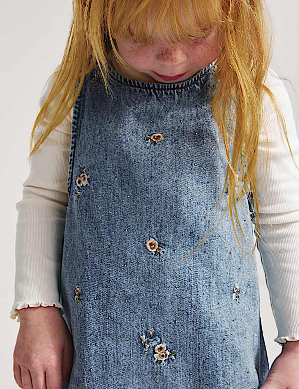 Denim Floral Embroidered Pinafore (2-8 Yrs) - JP