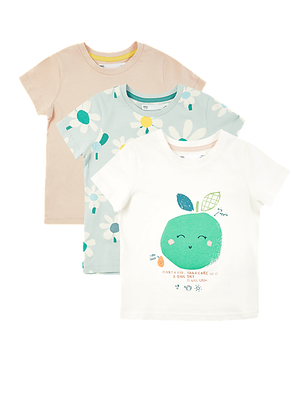 3 Pack Floral & Apple Print T-Shirts (2-7 Years)