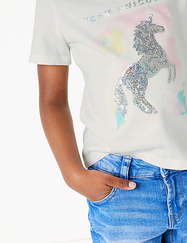 Cotton 'Team Unicorn' Sequin Slogan T-Shirt (2-7 Yrs)