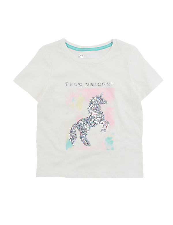 Cotton 'Team Unicorn' Sequin Slogan T-Shirt (2-7 Yrs)