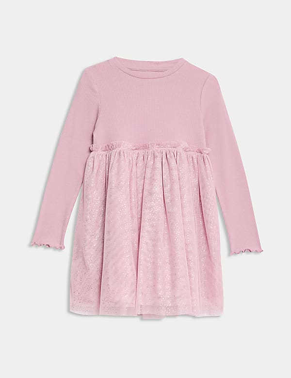 שמלה מבד עשיר בכותנה עם טול ונצנצים (1-&rlm;8 שנים) - IL