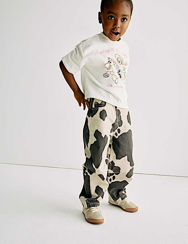 Τζιν με φαρδιά μπατζάκια και cow print από 100% βαμβάκι (2-10 ετών) - GR