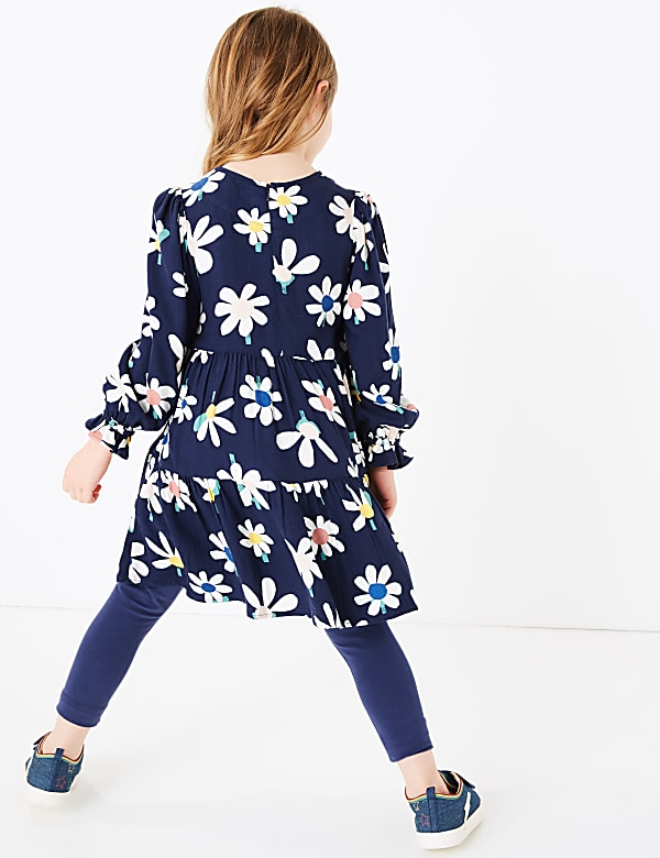 Daisy Print Tiered Long Sleeve Dress (2-7 Yrs)
