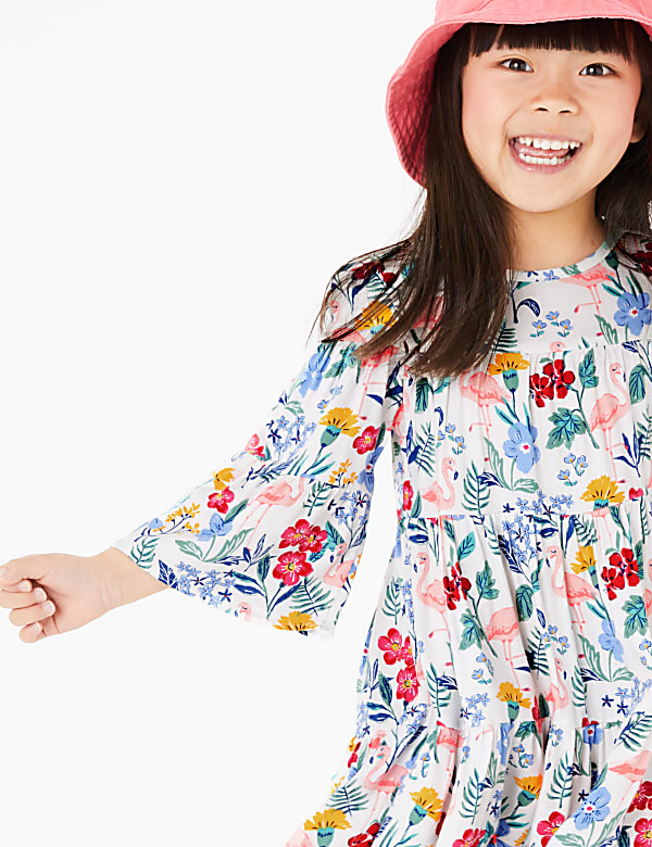 Flamingo Print Woven Tiered Dress (2-7 Yrs)