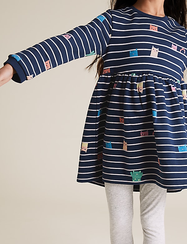 Cotton Striped Cat Sweat Dress (2-7 Yrs)