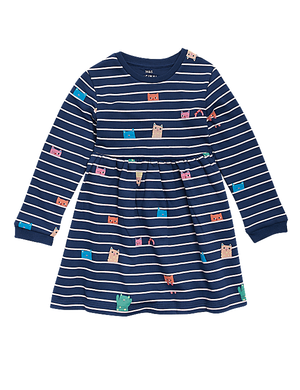 Cotton Striped Cat Sweat Dress (2-7 Yrs)