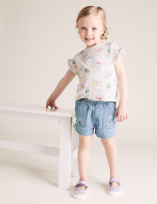 Denim Floral Embroidered Shorts
