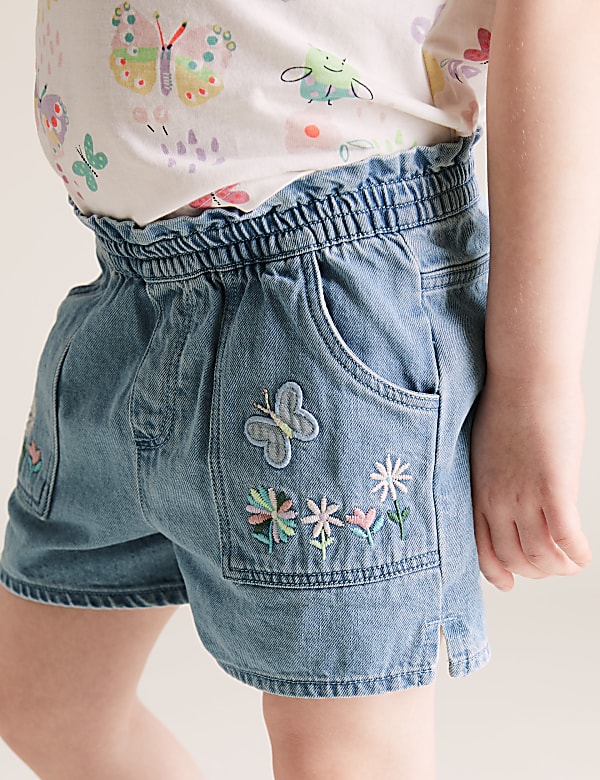 Denim Floral Embroidered Shorts