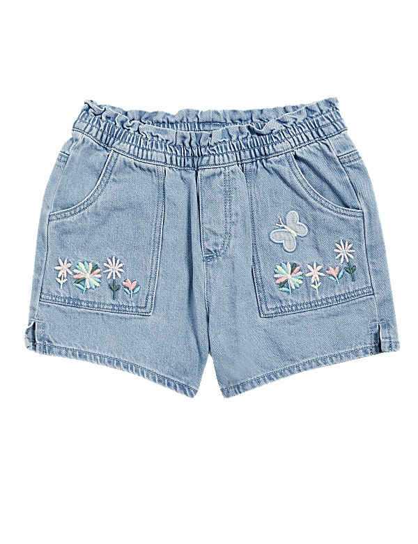 Denim Floral Embroidered Shorts