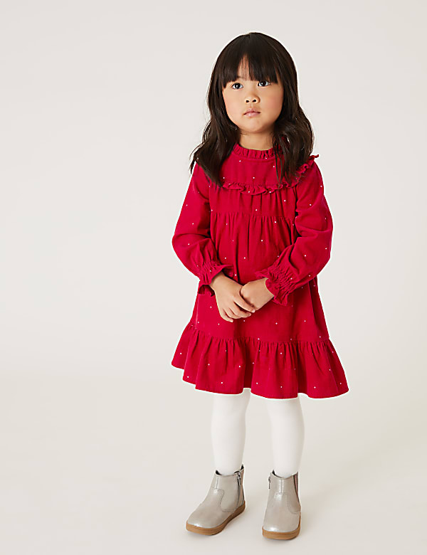 Pure Cotton Cord Spot Dress and Tights (2-7 Yrs)