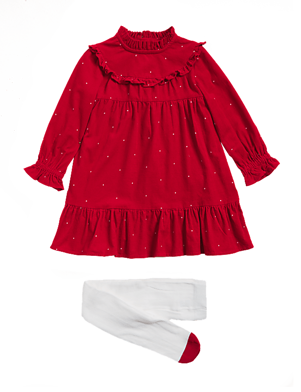 Pure Cotton Cord Spot Dress and Tights (2-7 Yrs)
