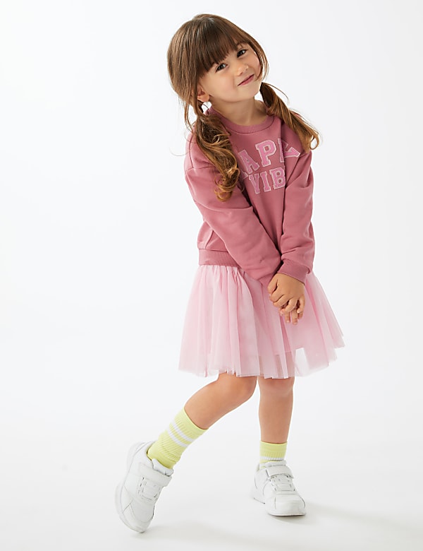 Cotton Rich Happy Vibe Slogan Sweat Dress (2-7 Yrs)