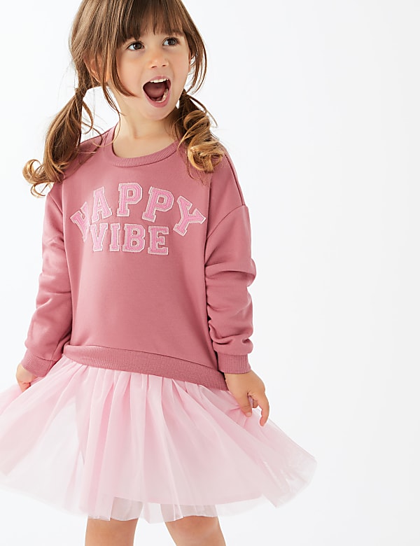 Cotton Rich Happy Vibe Slogan Sweat Dress (2-7 Yrs)