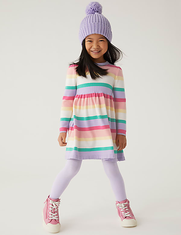 Knitted Striped Dress & Tights Outfit