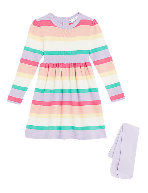 Knitted Striped Dress & Tights Outfit