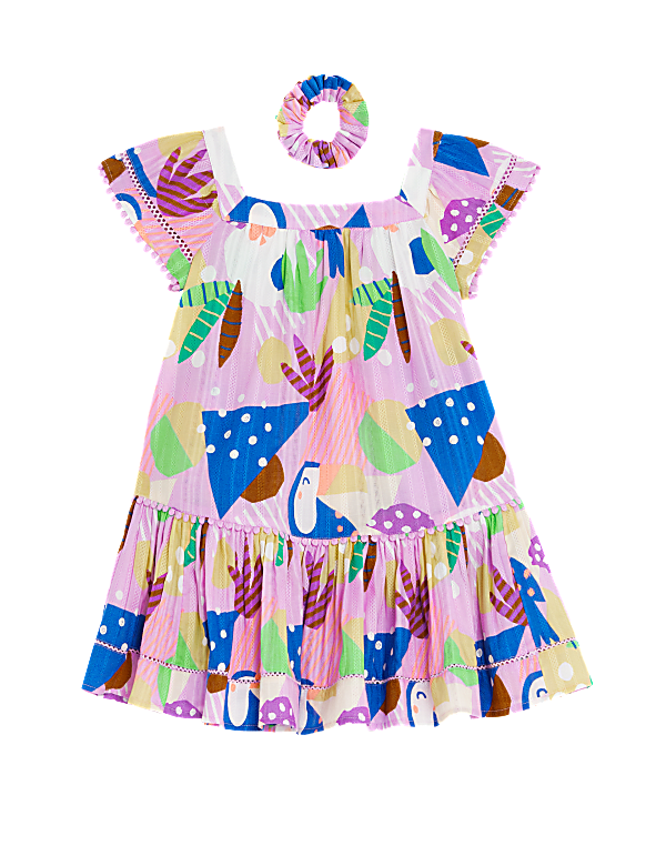 2pc Pure Cotton Printed Dress & Scrunchie (2-8 Yrs)