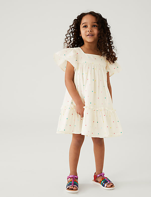 Pure Cotton Embroidered Spotted Dress