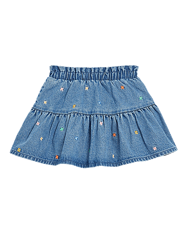 Denim Floral Embroidered Skort
