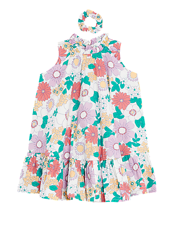 Pure Cotton Floral Dress with Scrunchie (2-8 Yrs)