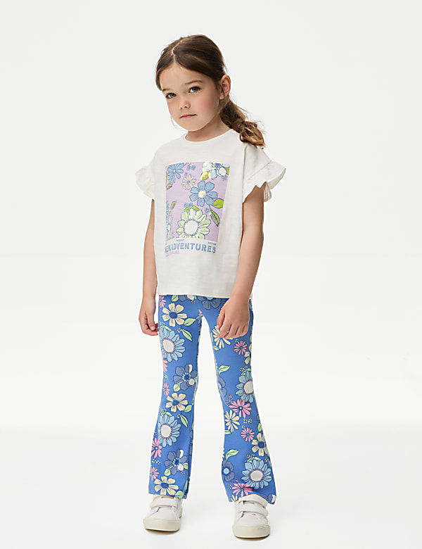 Cotton Rich Ribbed Floral Flared Trousers (2-8 Yrs) - VN