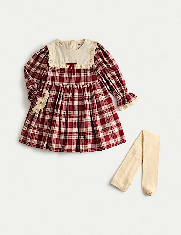 Cotton Rich Checked Party Dress & Tights Set (1-10 Yrs) - HR