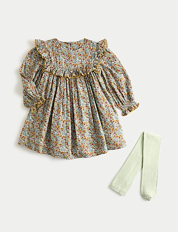 2-tlg. Set mit hohem Baumwollanteil: Kleid mit Blumenmuster und Strumpfhose (1–10 J.) - AT