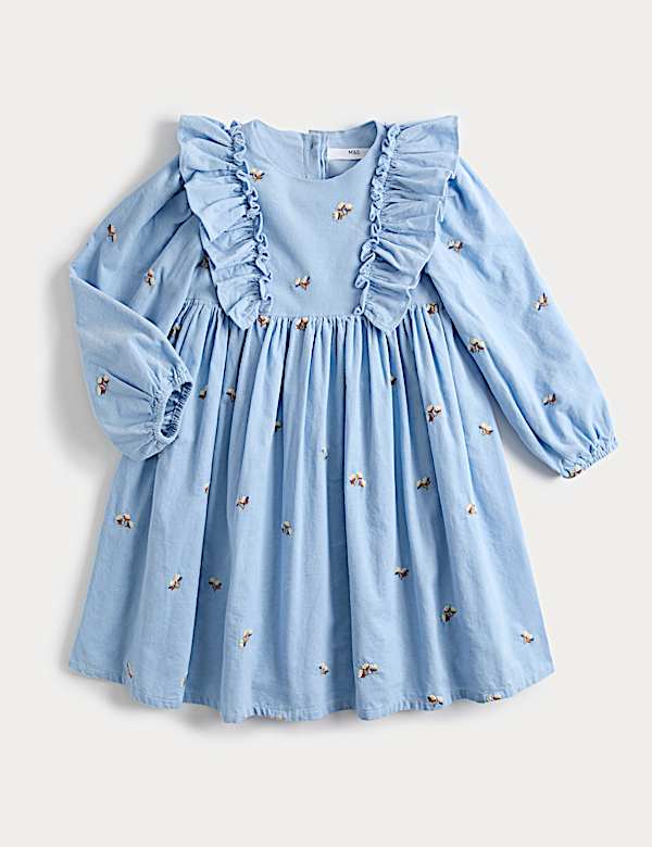Pure Cotton Frill Floral Embroidered Dress (1-8 Yrs) - KR