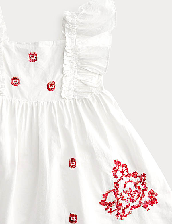Pure Cotton Embroidered Ruffle Sleeve Dress (2-10 Yrs)