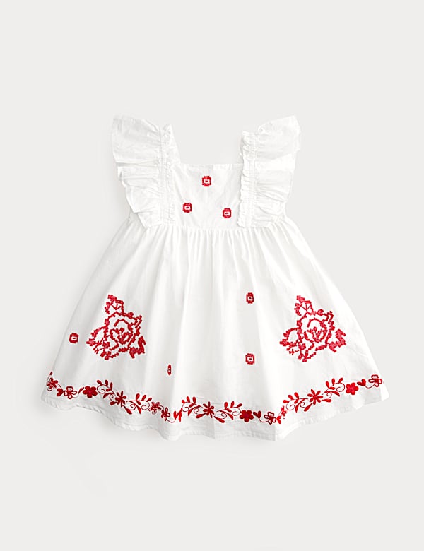 Pure Cotton Embroidered Ruffle Sleeve Dress (2-10 Yrs)