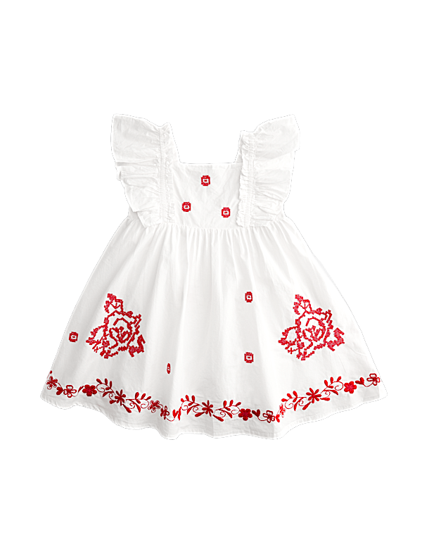 Pure Cotton Embroidered Ruffle Sleeve Dress (2-10 Yrs)