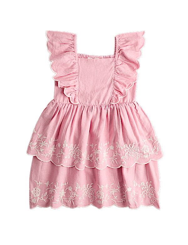 Linen Rich Floral Embroidered Frill Dress (2-10 Yrs)
