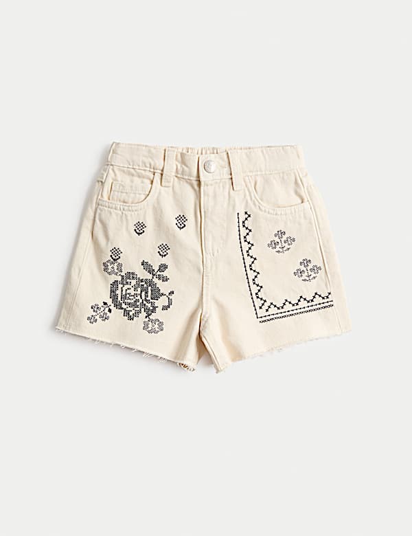 Pure Cotton Denim Embroidered Shorts (2-10 Yrs)