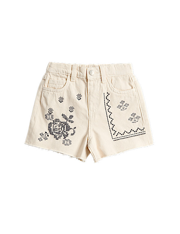 Pure Cotton Denim Embroidered Shorts (2-10 Yrs)